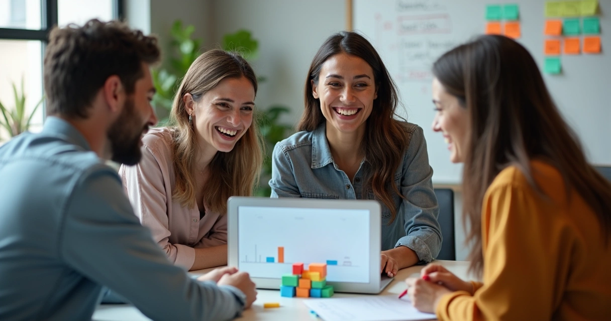 Equipe diversa discutindo app diante de notebook no escritório 