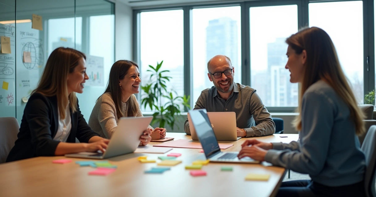 Equipe de inovação em reunião tranquila em escritório moderno 