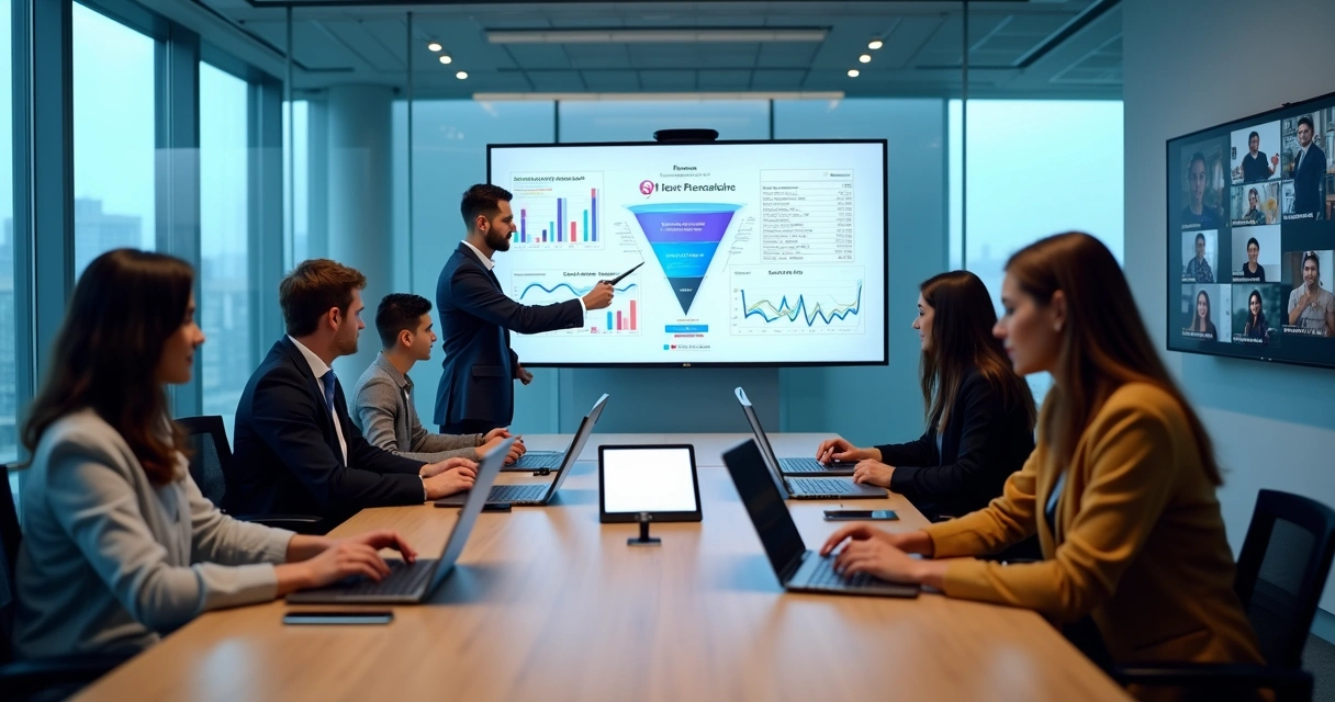 Equipe de inside sales em videoconferência analisando funil de vendas em telas digitais 