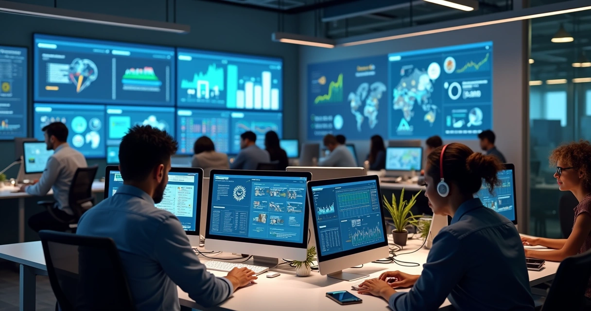 Equipe de inside sales trabalhando com CRM em ambiente moderno de escritório, telas mostrando gráficos de vendas e integração ERP e e-commerce 