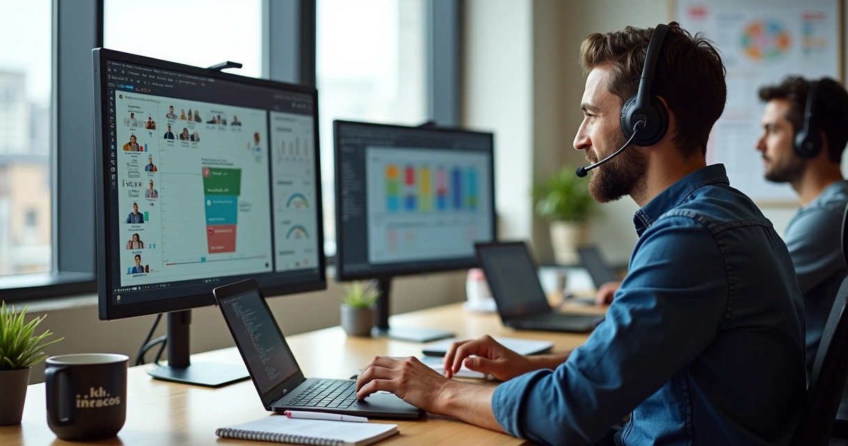 Time de inside sales em PME fazendo videochamadas e olhando funil de vendas na tela 