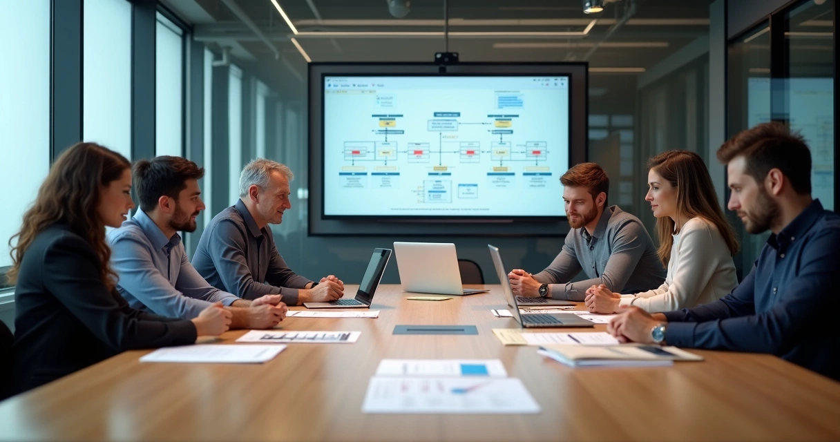 Equipe reunida discutindo processos de trabalho em uma mesa de escritório 