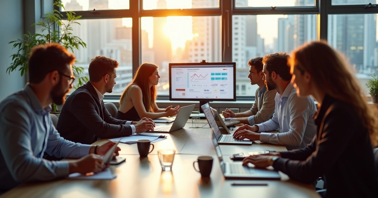 Equipe de marketing e vendas trabalhando unida 