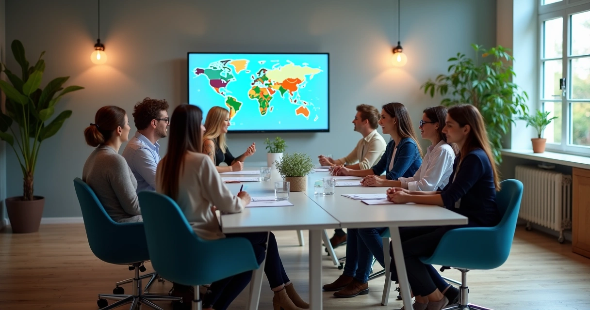 Equipe de marketing e vendas reunida analisando dados em tela grande 
