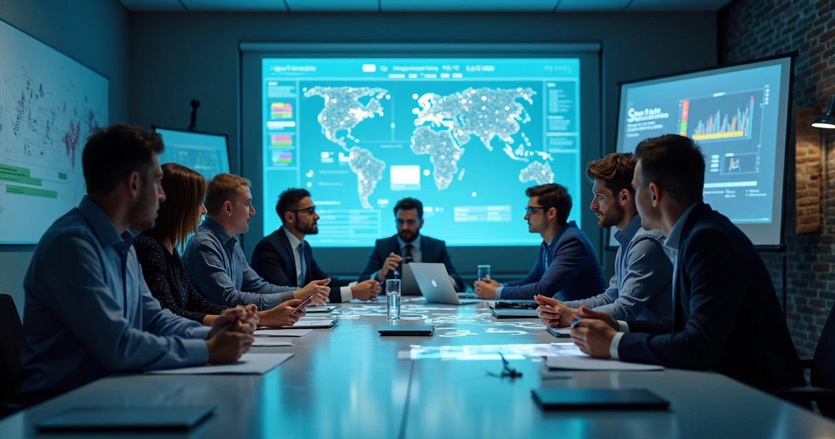 Equipe de especialistas reunida ao redor de tela de ERP planejando automação com IA 