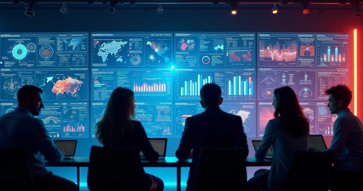 Equipe de inteligência comercial analisando analytics em tela gigante 