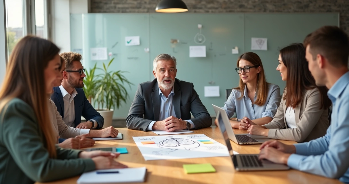 Time diverso em reunião colaborativa com destaque para inteligência emocional 