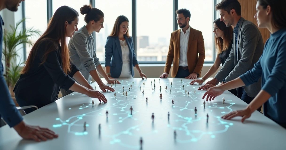 Equipe em pé ao redor de grande tabuleiro colaborativo com conexões brilhantes 