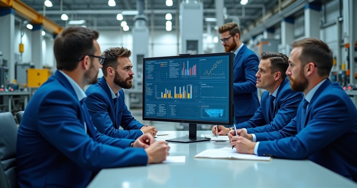 Equipe de manutenção industrial reunida analisando dados de falha em tela de computador 