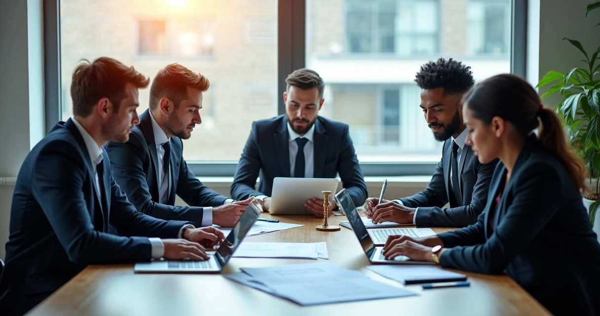 Equipe jurídica reunida analisando contratos digitais 