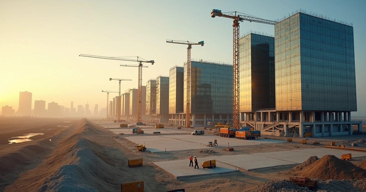Sequência visual de canteiro de obras mudando do terreno vazio ao prédio concluído 