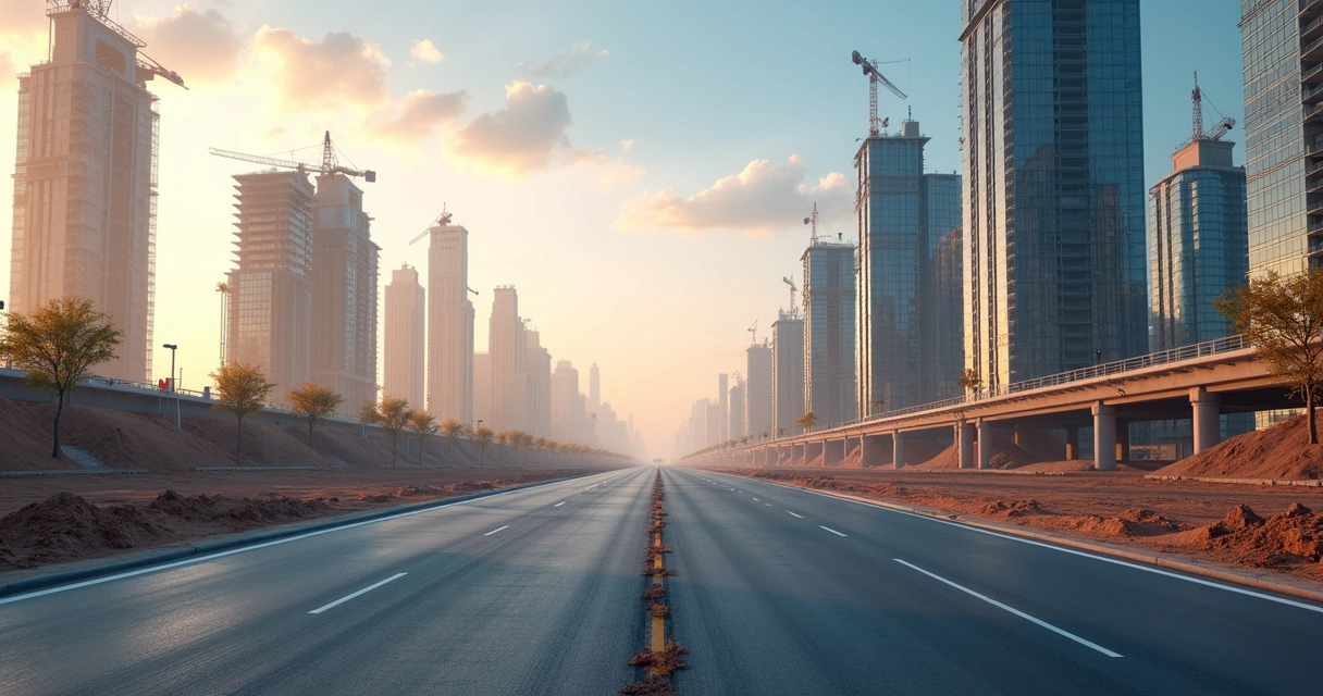 Skyline de cidade se transformando em diferentes fases de obras em sequência horizontal 