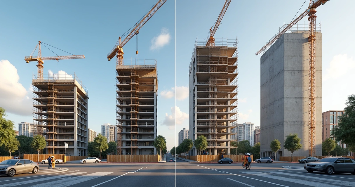 Sequência visual de evolução de prédio em construção ao longo do tempo 