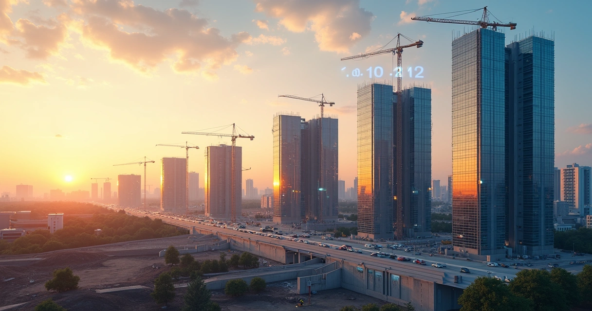 Linha do tempo visual mostrando etapas de construção de um grande edifício 