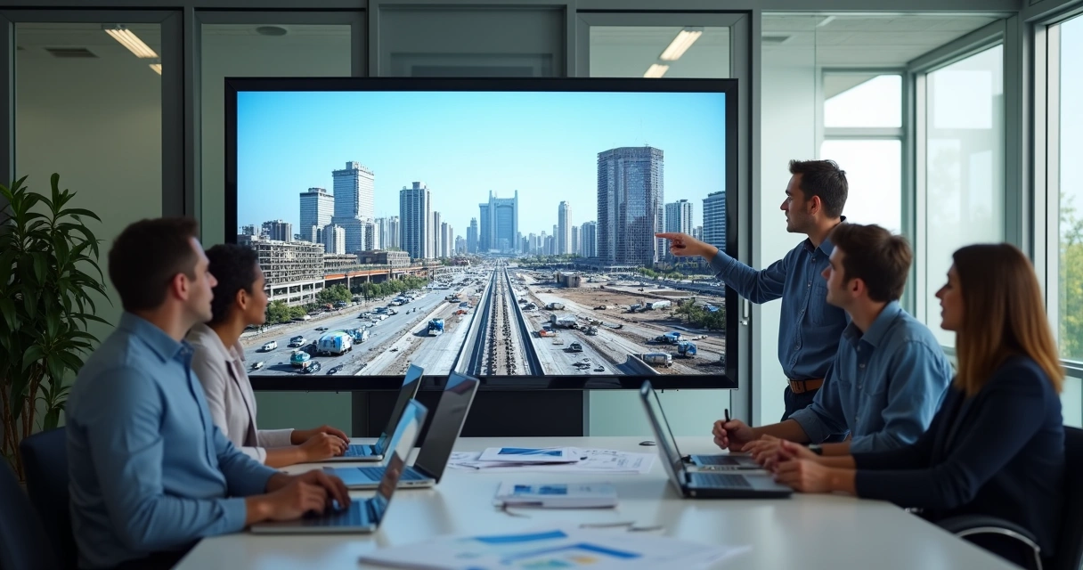 Apresentação em escritório mostrando vídeo de time-lapse da construção na tela e equipe analisando resultados