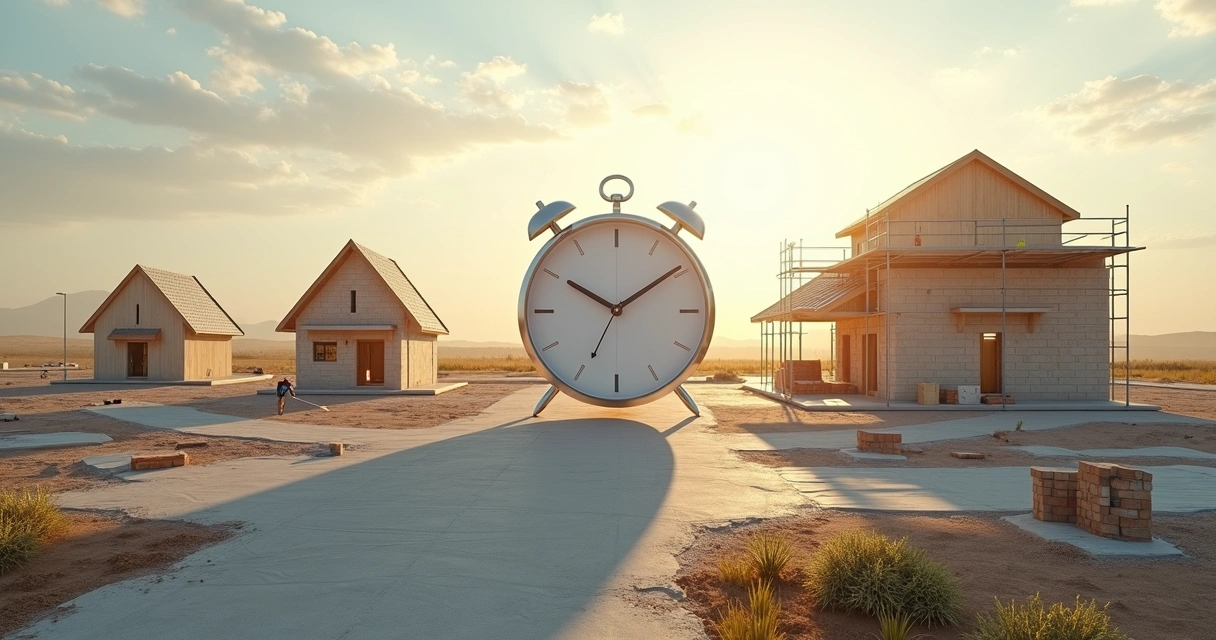 Relógio transparente sobre casa em construção simbolizando agilidade com planejamento 
