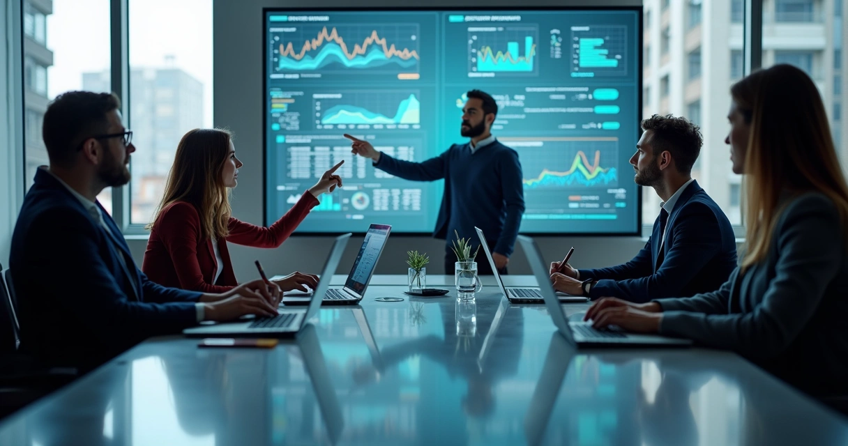 Equipe de LDRs reunida em volta de uma mesa analisando planilhas e gráficos em telas grandes