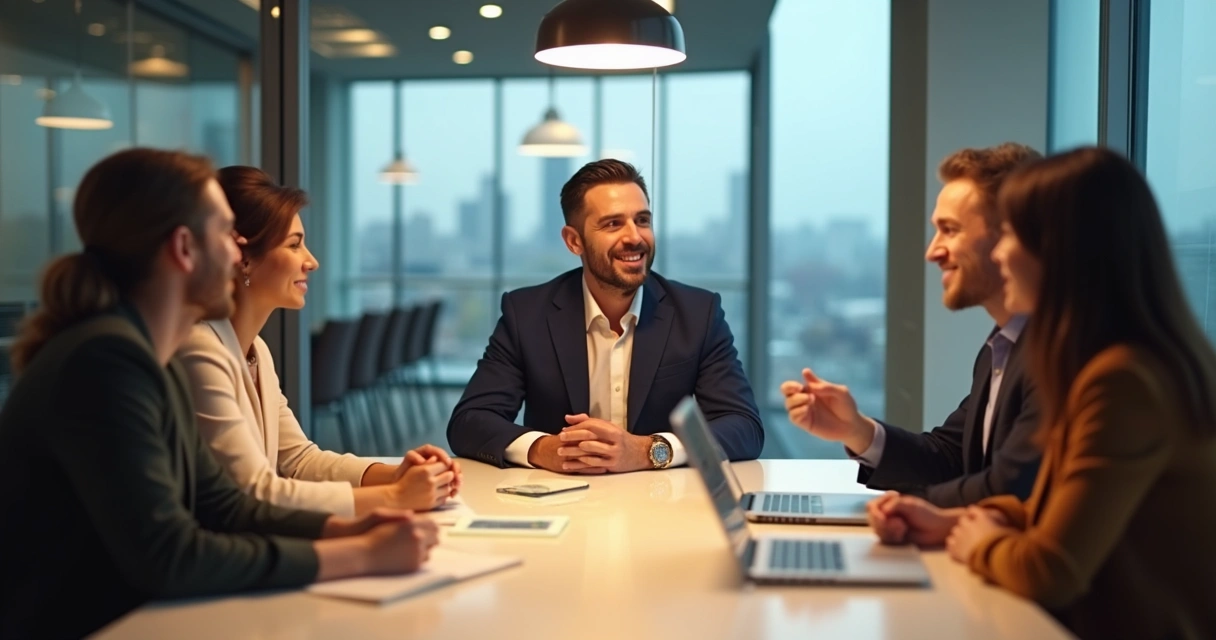 Equipe reunida em sala de reunião, líder escutando atentamente 