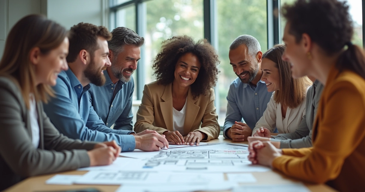 Pessoas de uma equipe reunidas à mesa compartilhando ideias em um ambiente de trabalho moderno 