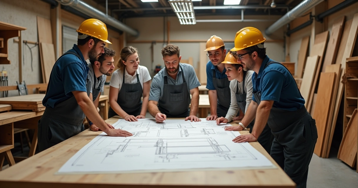 Equipe de marcenaria planejando produção de móveis em oficina 
