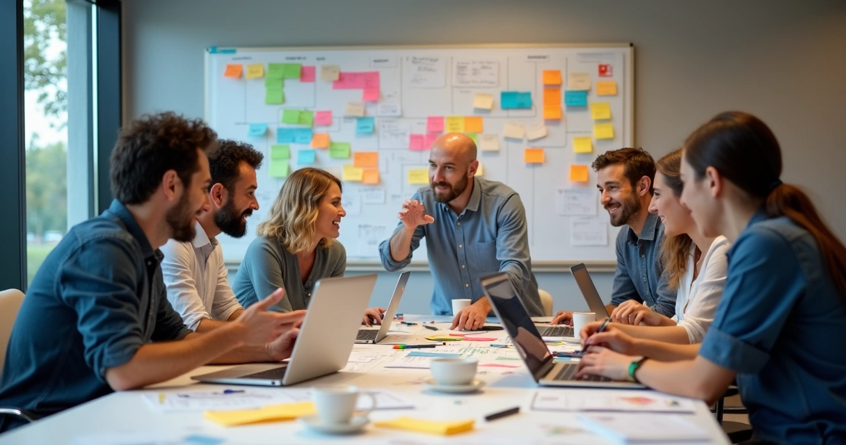 Equipe multidisciplinar de marketing colaborando em sala de reunião 