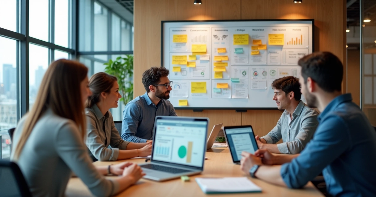 Equipe de marketing ágil em reunião colaborativa com quadro kanban 