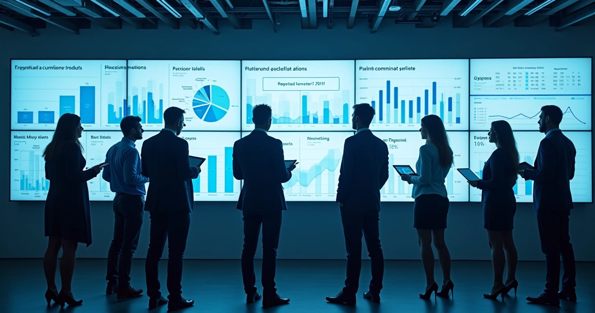 Equipe de marketing analisa gráficos de desempenho em uma parede com telas digitais