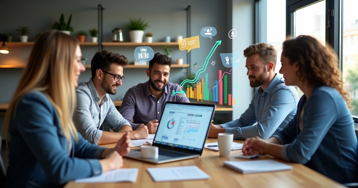 Reunião de equipe de marketing discutindo gráficos no laptop, com elementos visuais de chatbots, balões de conversa e gráficos de crescimento ao fundo. 