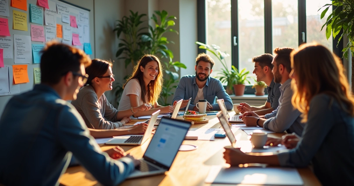 Equipe de marketing reunida em mesa cheia de notebooks, papéis e quadros de tarefas