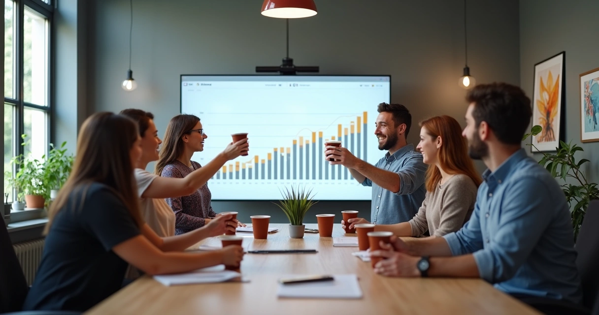 Equipe de marketing reunida, celebrando conquistas de conversão 