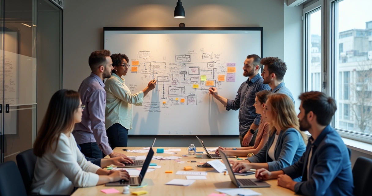 Grupo de profissionais planejando estratégia digital em quadro branco 