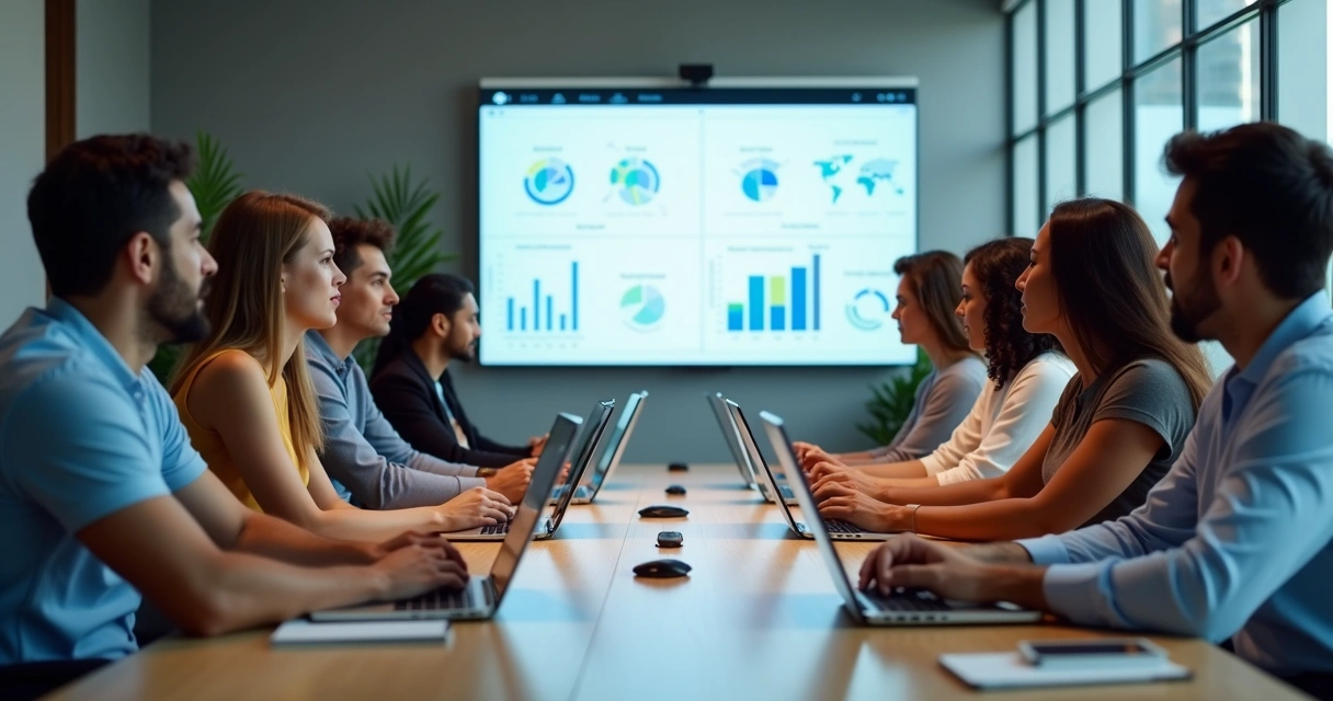 Equipe de marketing digital reunida em mesa de reunião, com computadores e tablets 