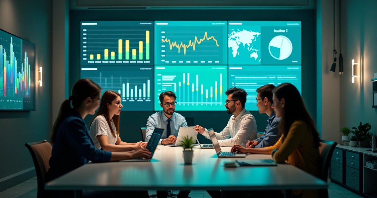 Equipe de marketing digital de saúde analisando gráficos em telas de computador 