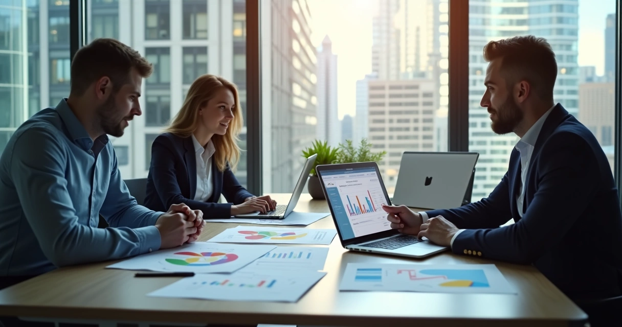 Equipe de marketing analisando lead scoring em sala de reunião 