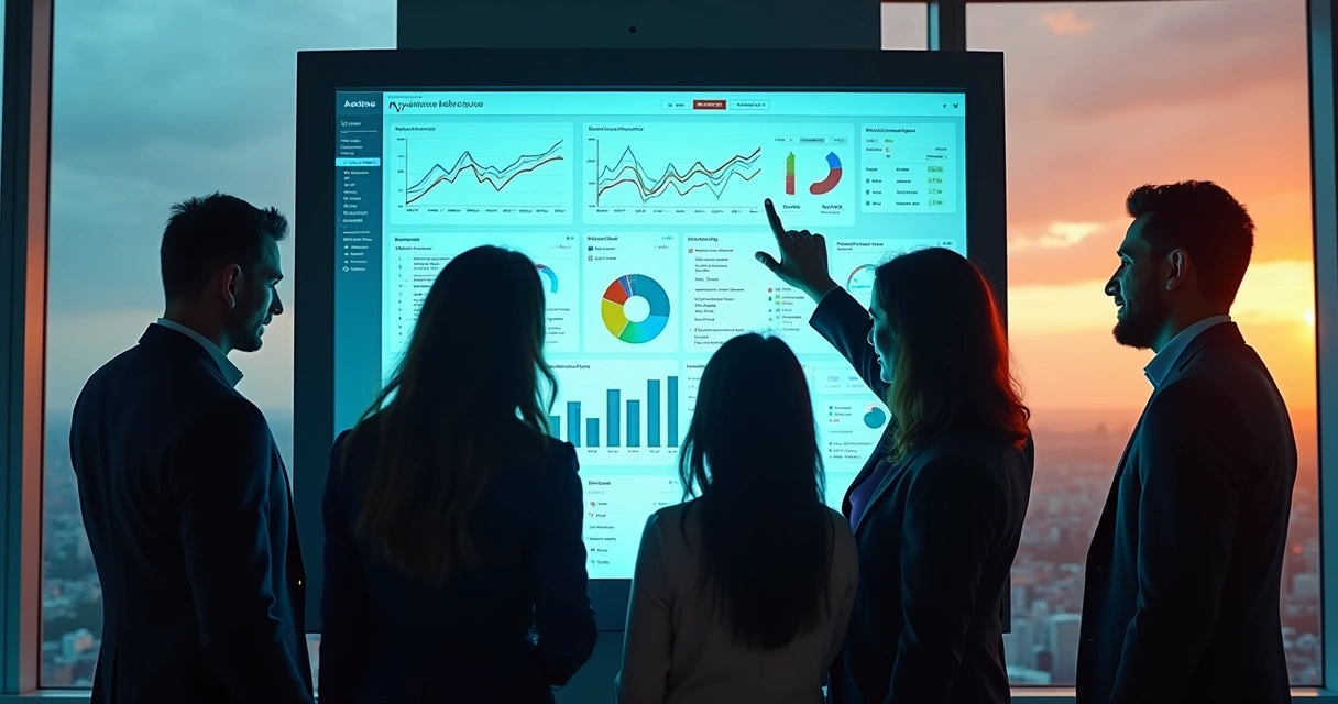 Equipes de marketing e vendas colaborando em frente a um painel digital 