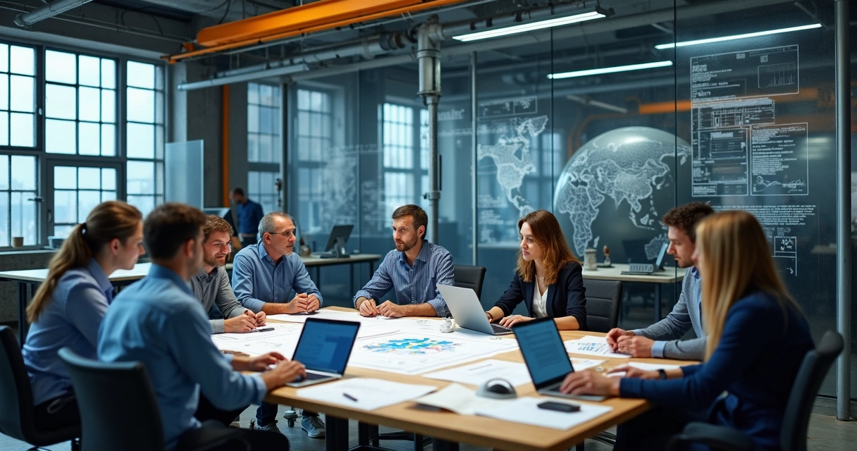 Equipe de marketing trabalhando em escritório industrial 