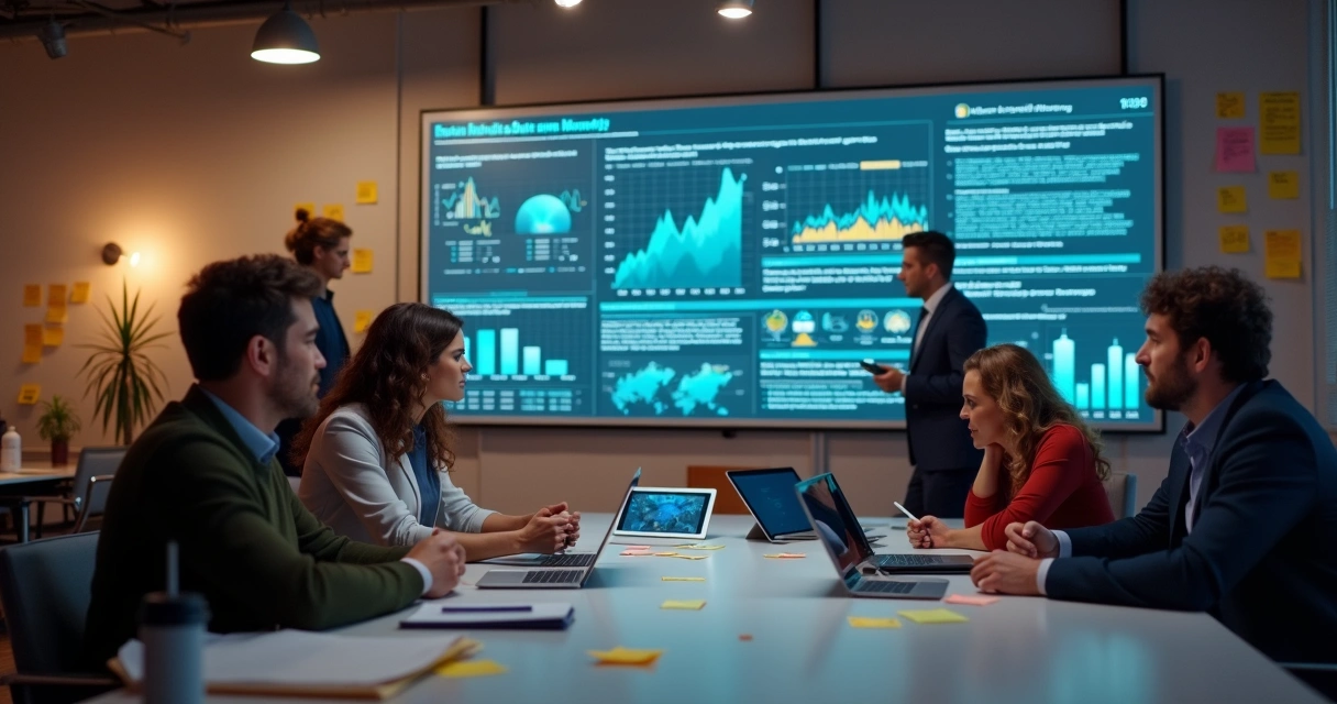 Equipe de marketing digital ao redor de uma tela, discutindo dados estratégicos 
