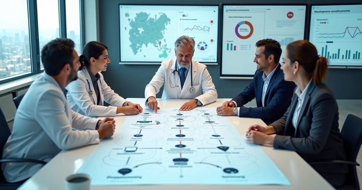 Equipe de marketing odontológico discutindo estratégia ao redor de mesa com painéis digitais ao fundo 