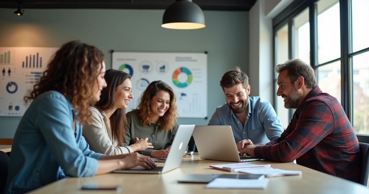 Equipe de profissionais de marketing digital reunida em escritório moderno 