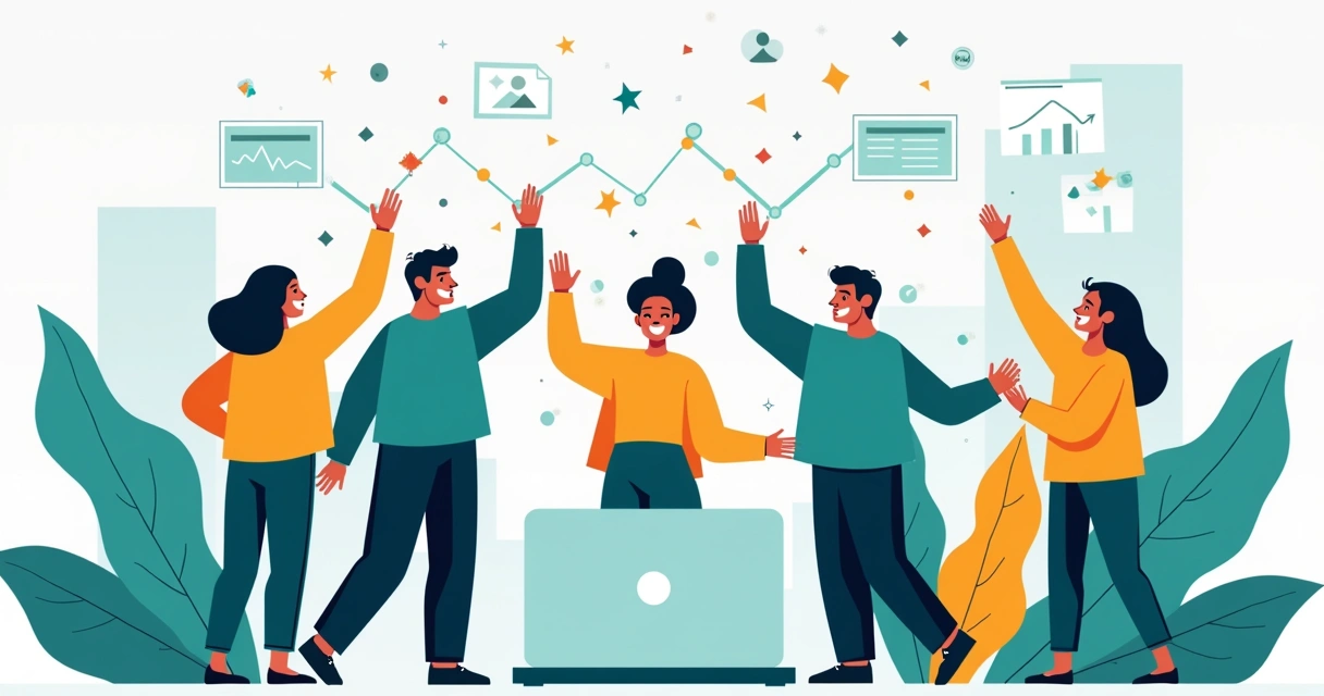 Equipe de marketing e vendas comemorando resultados juntos ao redor de laptop