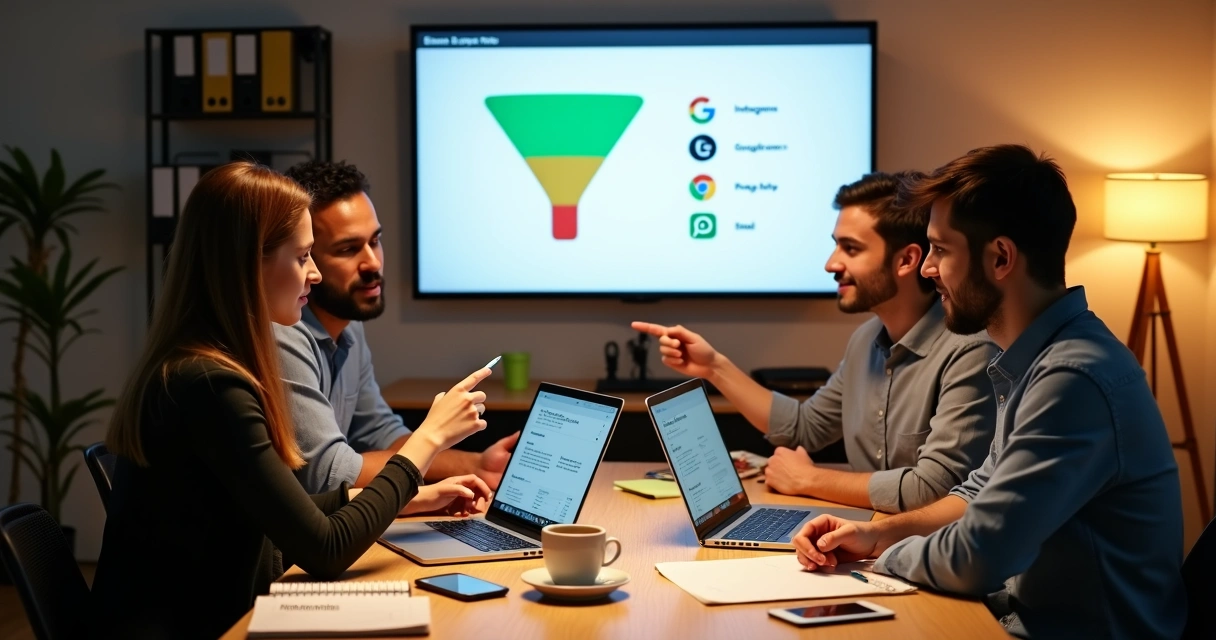 Time de marketing de pequena empresa escolhendo poucos canais em quadro digital 