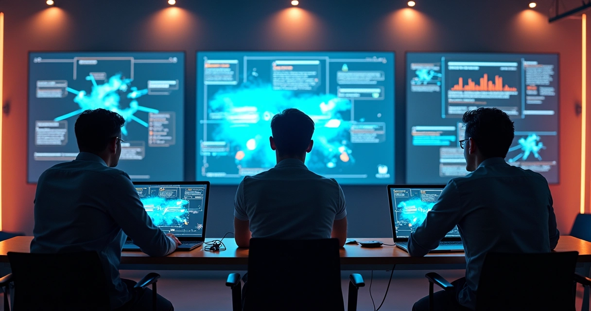 Equipe de marketing em frente a computadores com redes sociais abertas 
