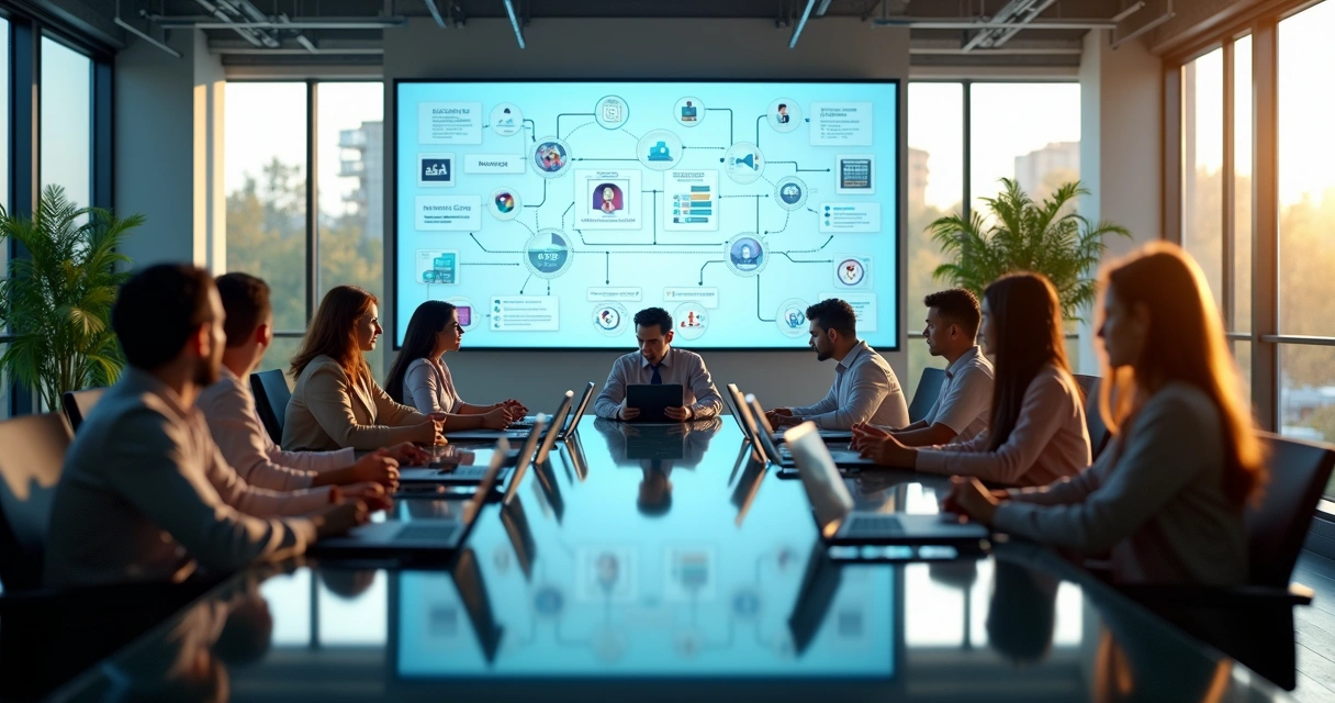 Equipe de marketing discutindo integração de canais em uma sala de reunião moderna 