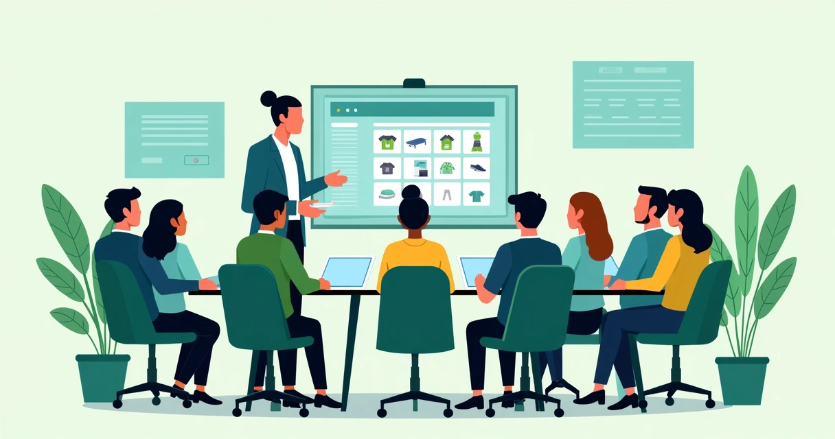 Especialista em marketing orientando equipe de vendas sobre uso de catálogo digital