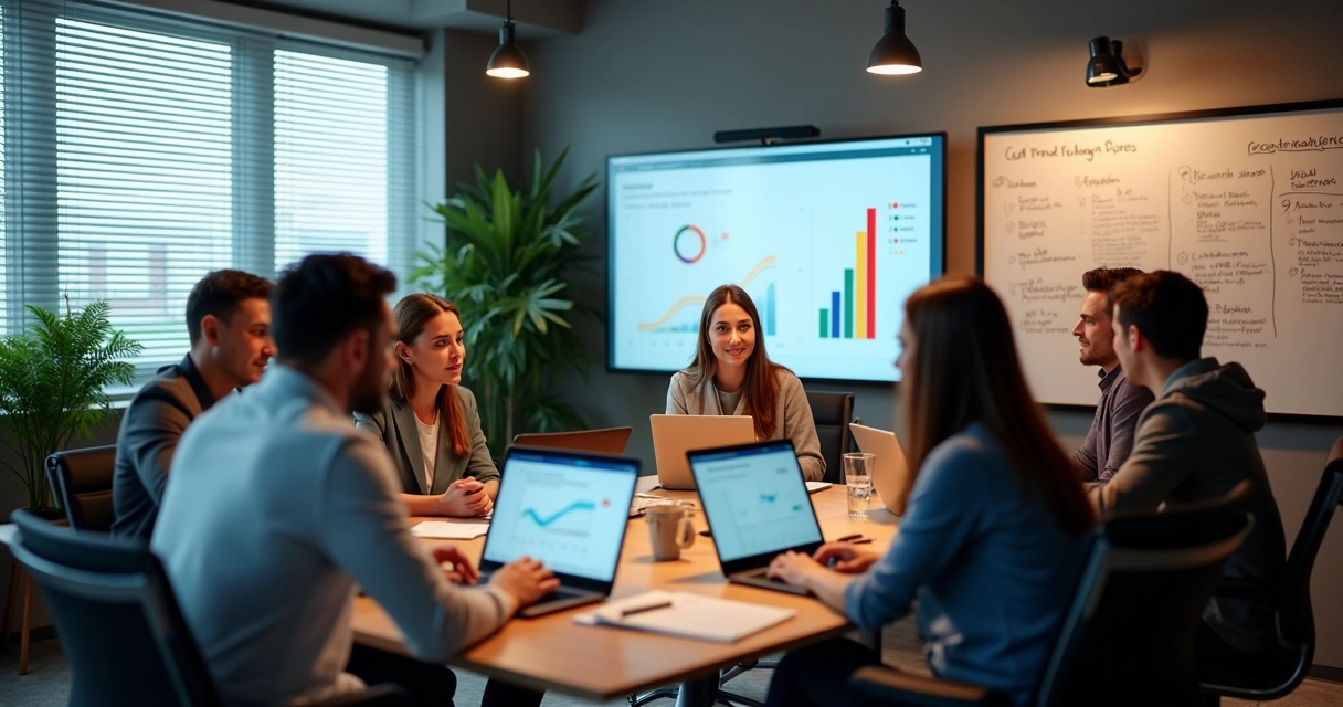 Equipe de marketing analisando resultados de anúncios A/B 