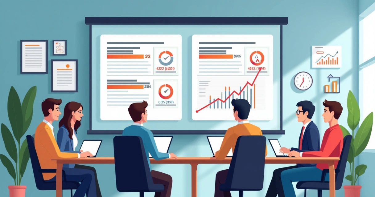 Equipe de marketing analisando testes A/B em landing pages em painéis digitais 