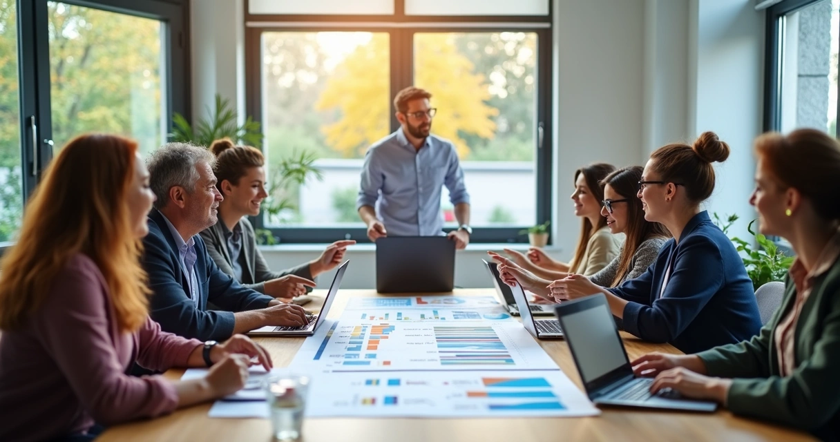 Equipe de marketing e vendas integrados em reunião sobre leads 