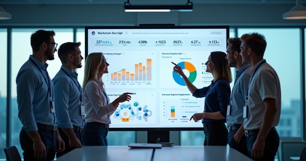 Time de marketing e vendas integrados com dashboards de prospecção B2B ao fundo 