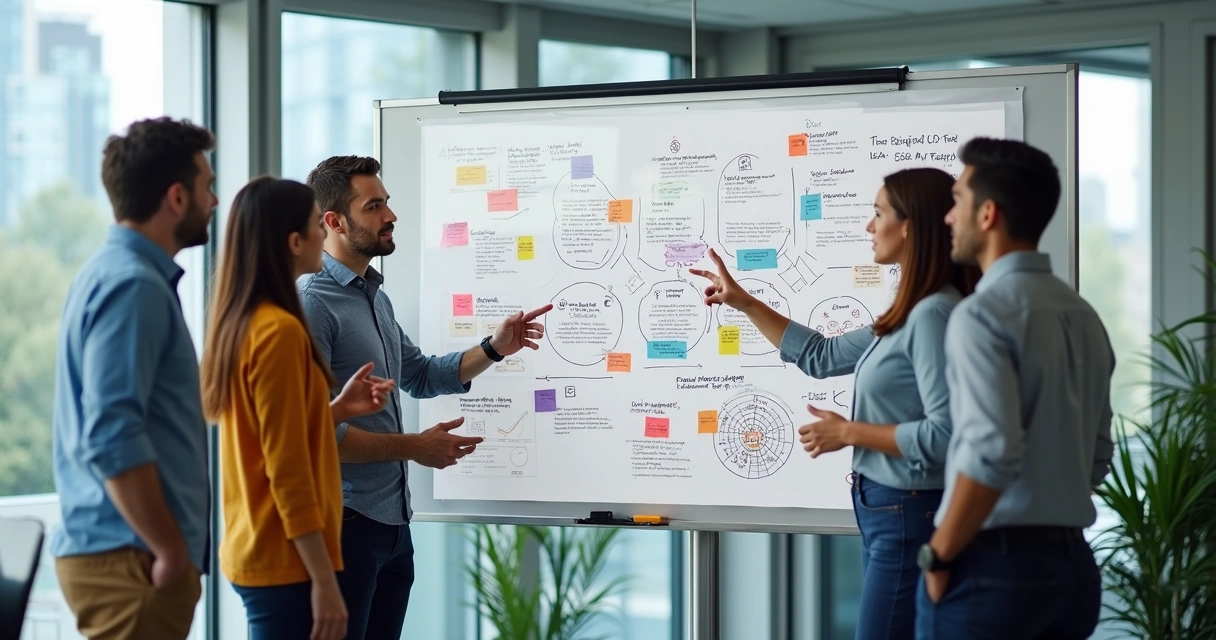 Leads de Clientes: Como Gerar, Qualificar e Converter em Vendas 8 Equipe de marketing e vendas usando quadro branco desenhando estratégia de qualificação de leads