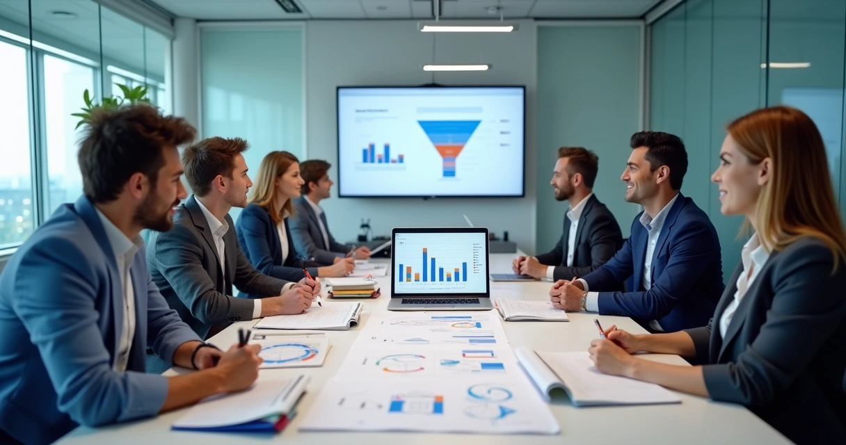 Equipe de marketing e vendas reunida discutindo estratégias com gráficos e notebook na mesa.
